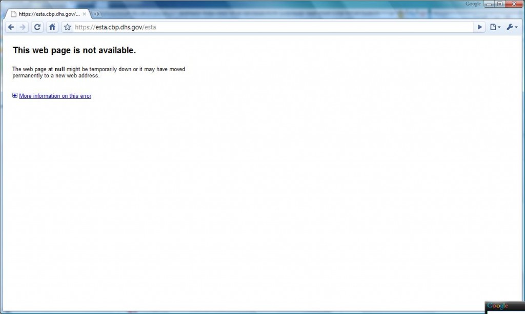 ESTA website error screenshot